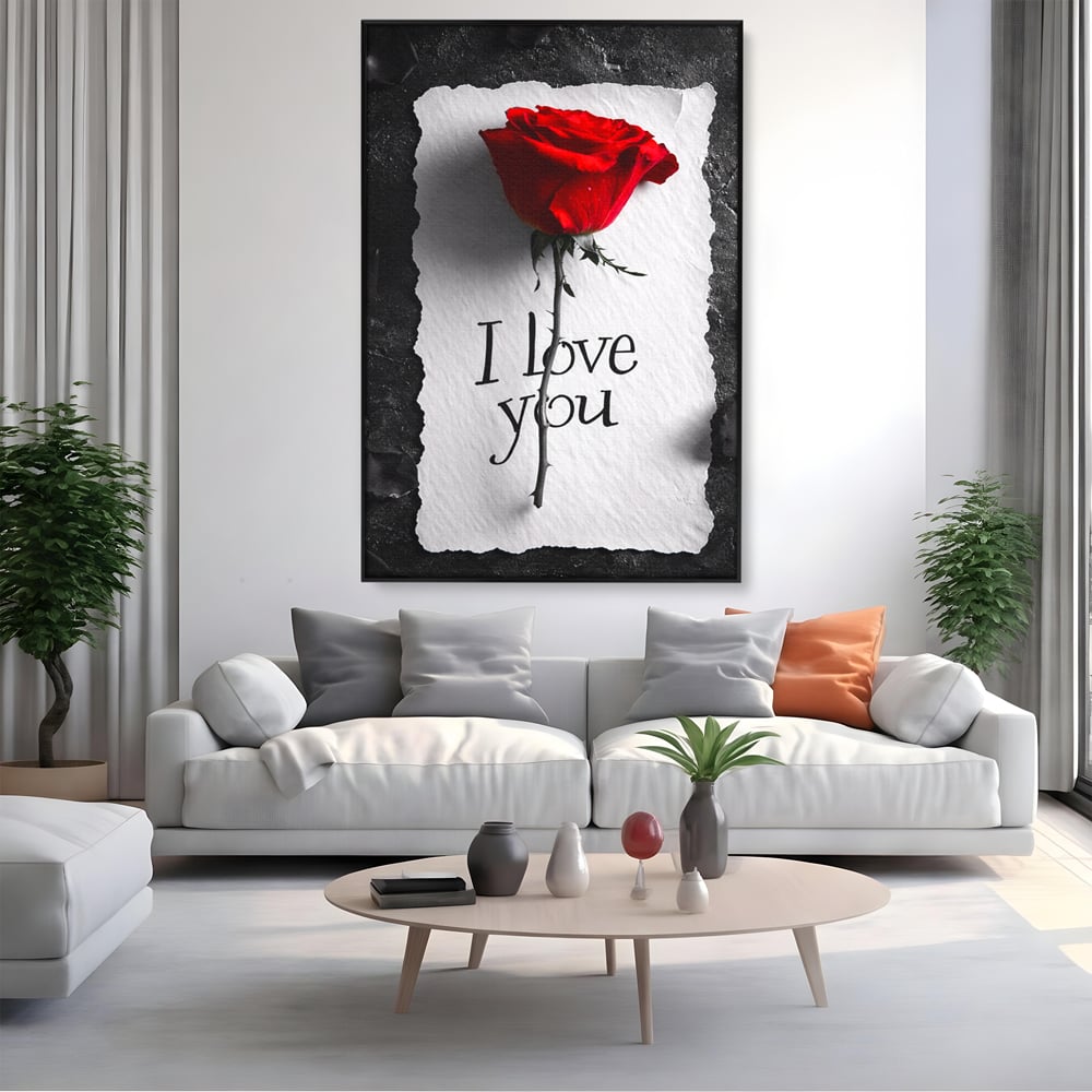 Tablou canvas cu tablou vertical cu trandafir rosu si mesaj, in rama de aluminiu negru, pe perete intr-un living